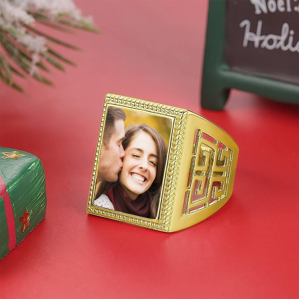 Photo Ring Square Photo with Hollow Rose Gold Plated