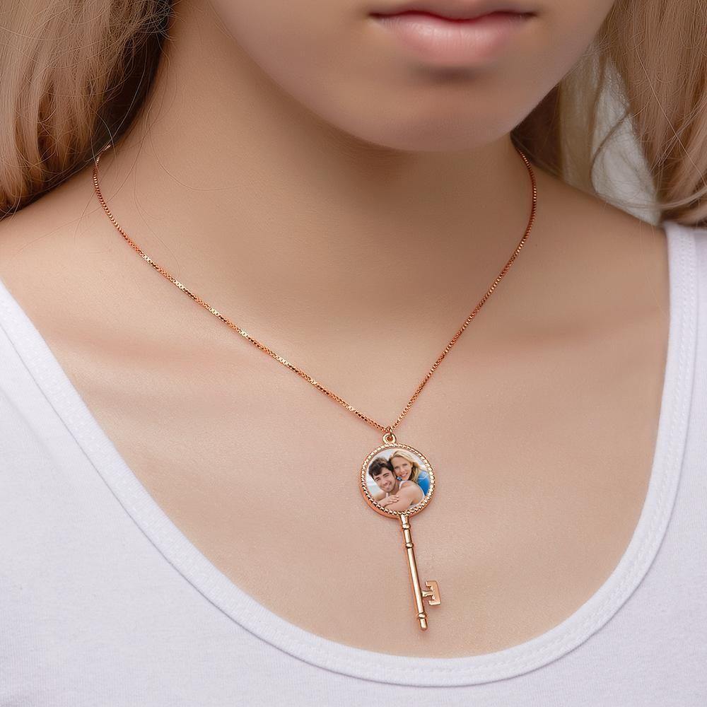 Custom Photo Locket Necklace Key Necklace Rose Gold Plated Open Your Heart - soufeelus