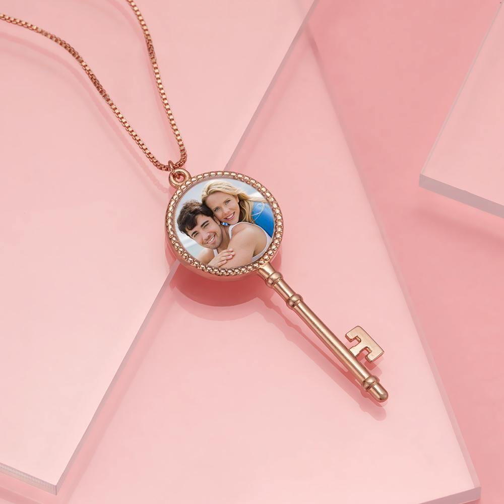 Custom Photo Locket Necklace Key Necklace Rose Gold Plated Open Your Heart - soufeelus