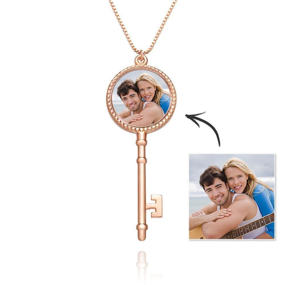 Custom Photo Locket Necklace Key Necklace Rose Gold Plated Open Your Heart - soufeelus