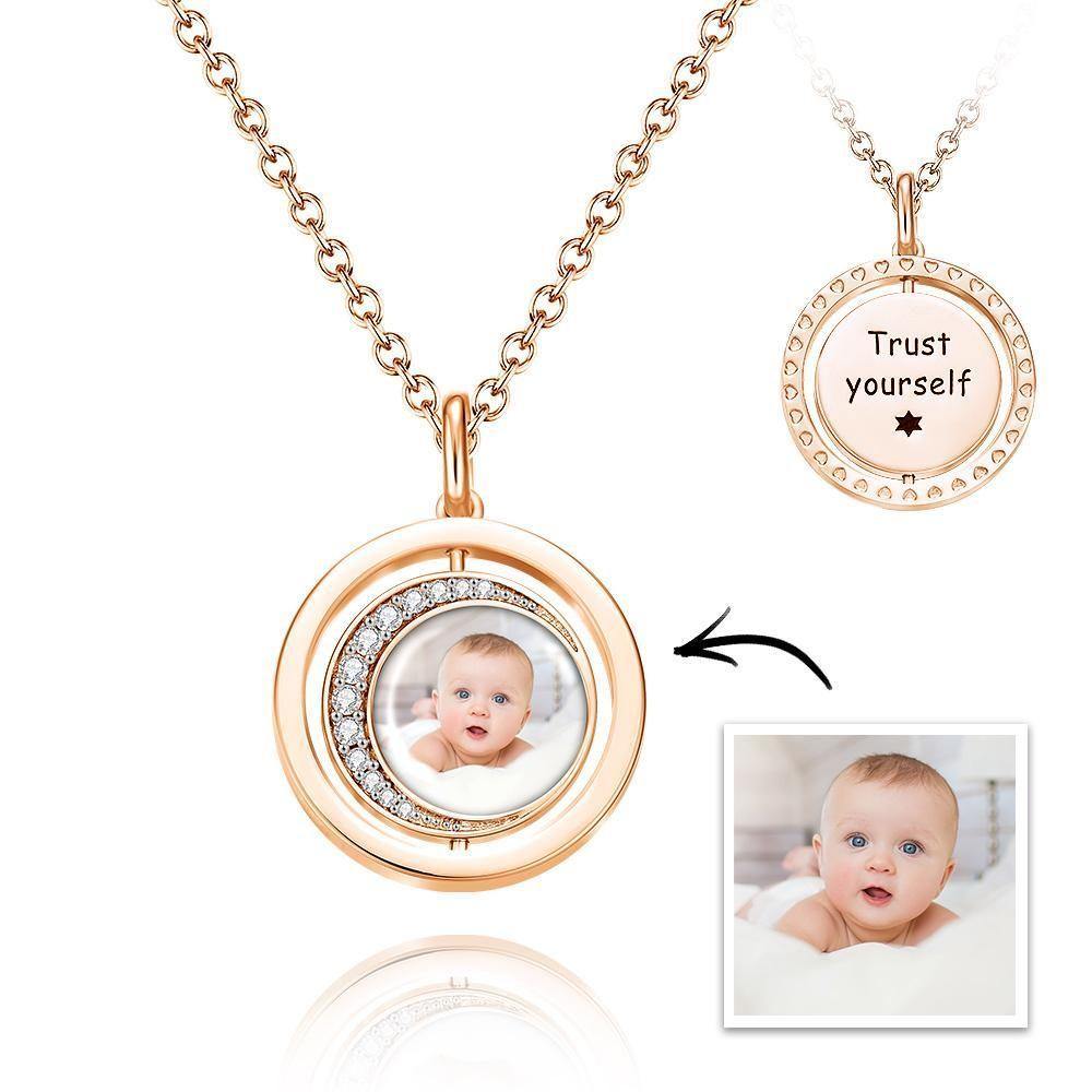Photo Engraved  Necklace Blessing Coin Necklace Gift for Her Rose Gold Plated Silver - soufeelus