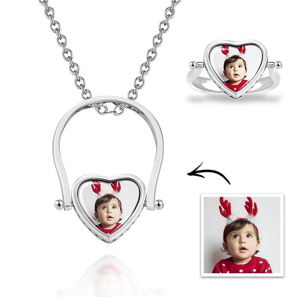 Photo Necklace, Photo Ring Heart-shaped Couple's Gifts Dual-use (Ring Size 5#) Silver - soufeelus