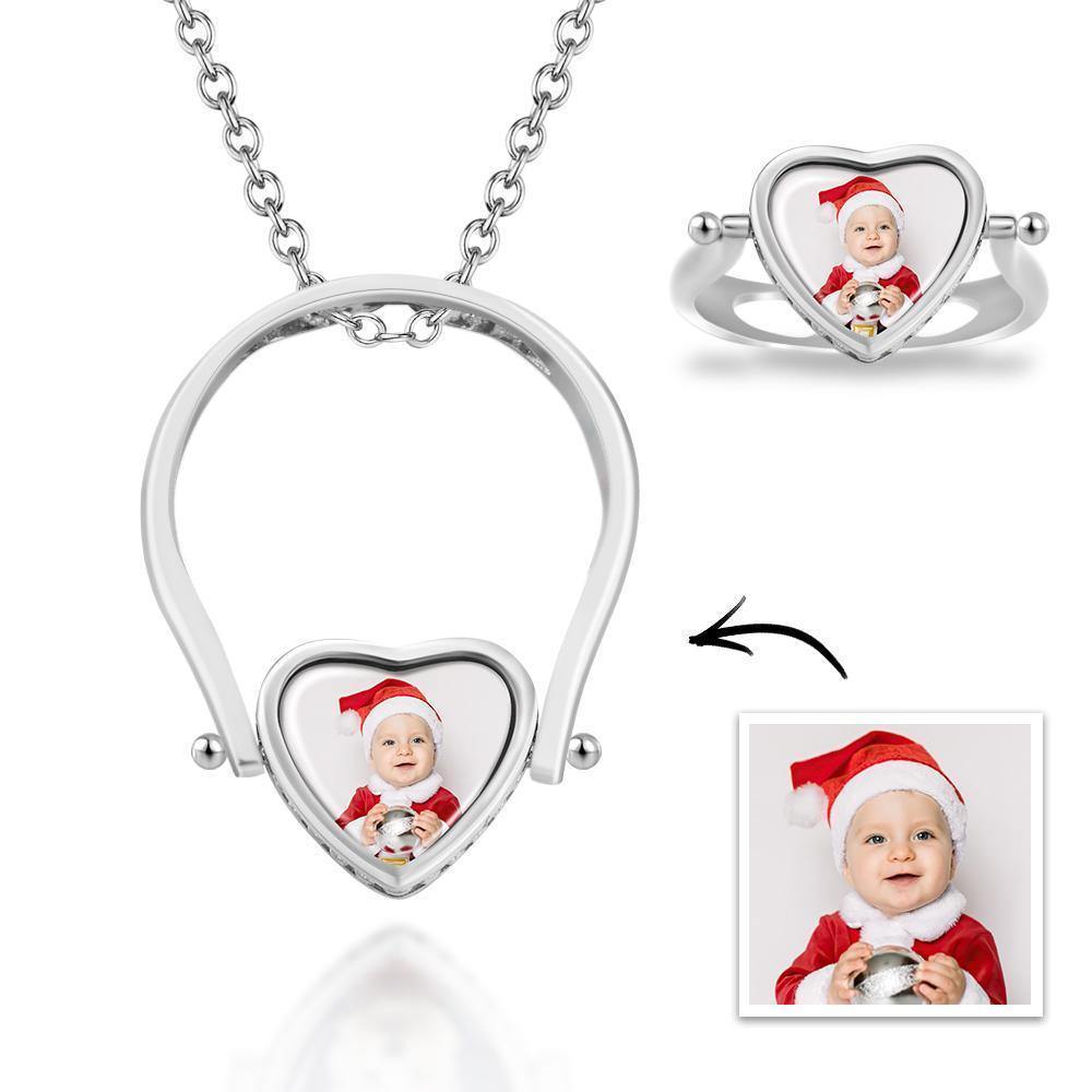 Photo Necklace, Photo Ring Couple's Gifts Dual-use (Ring Size 8#) Silver - soufeelus