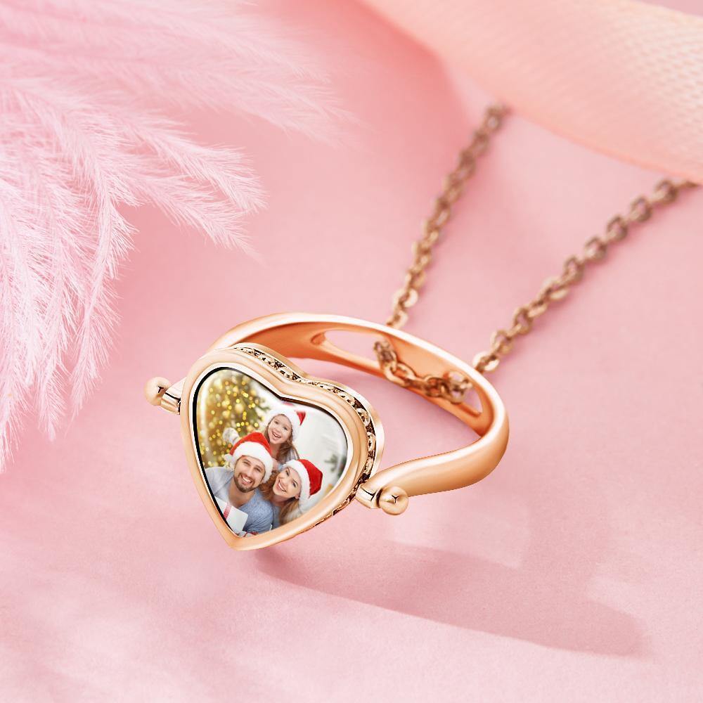 Custom Photo Necklace, Photo Ring Couple's Gifts Dual-use (Ring Size 5#) Rose Gold Plated - soufeelus