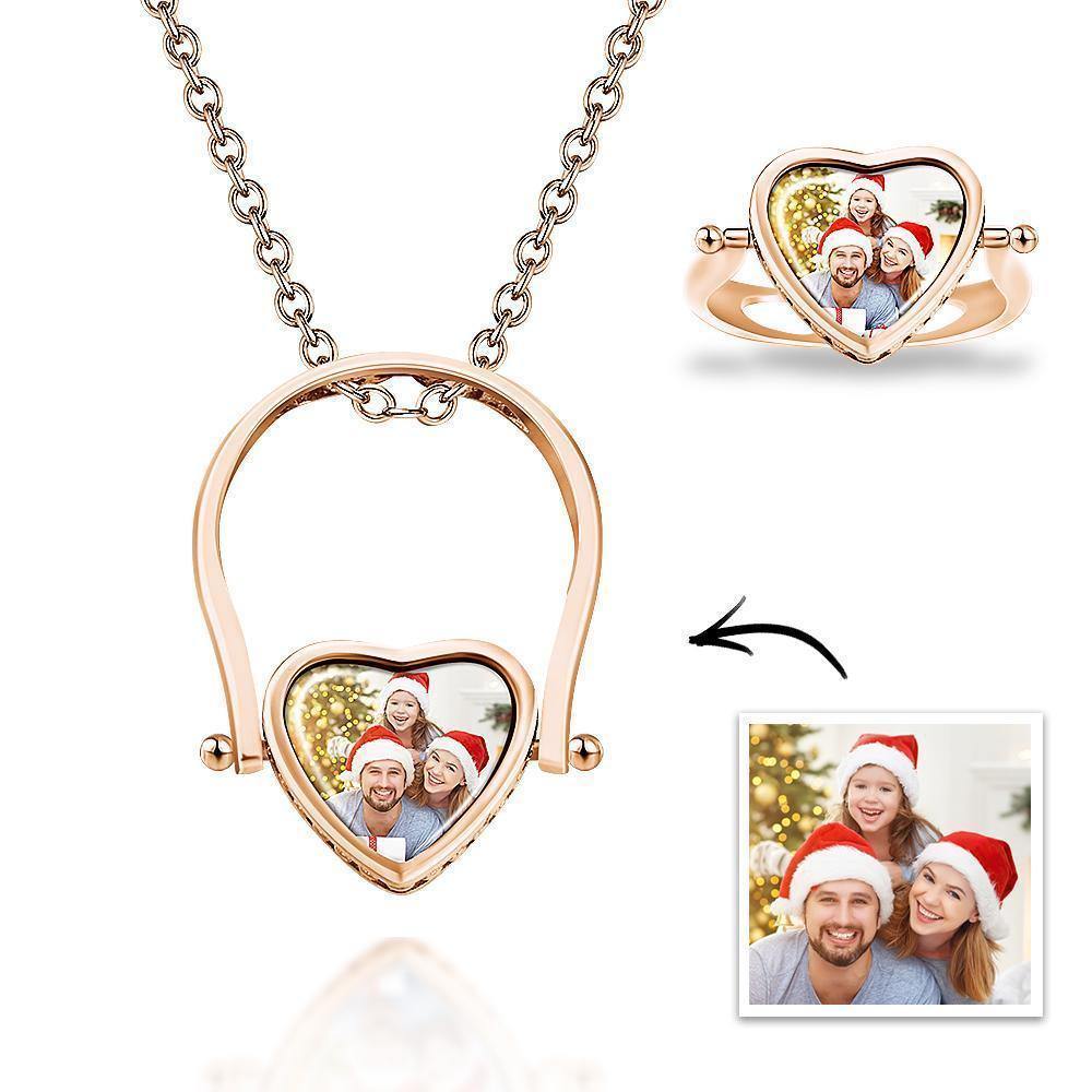 Photo Necklace, Photo Ring Heart-shaped Couple's Gifts Dual-use (Ring Size 5#) Silver - soufeelus