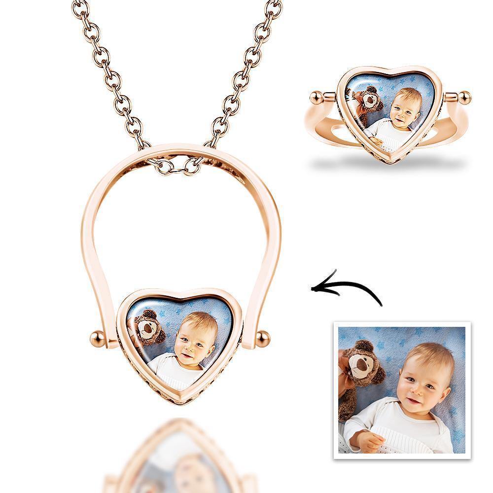 Photo Necklace, Photo Ring Unique Design Dual-use (Ring Size 7#) 14k Gold Plated Silver - soufeelus