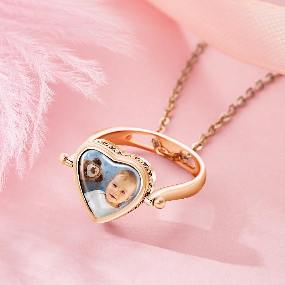 Photo Necklace, Photo Ring Gifts Dual-use (Ring Size 7#) Rose Gold Plated - soufeelus