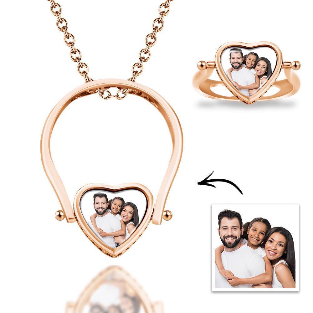 Photo Necklace, Photo Ring Couple's Gifts Dual-use (Ring Size 8#) Rose Gold Plated Silver - soufeelus