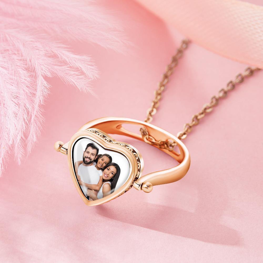 Photo Necklace, Photo Ring Couple's Gifts Dual-use (Ring Size 8#) Rose Gold Plated - soufeelus