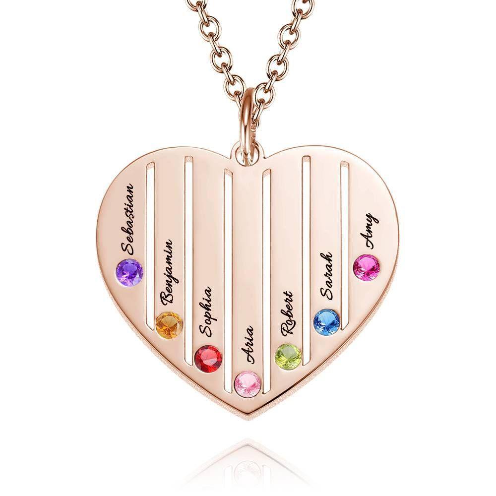 Engraved Heart Necklace Family Birthstone Necklace Rose Gold Plated - soufeelus