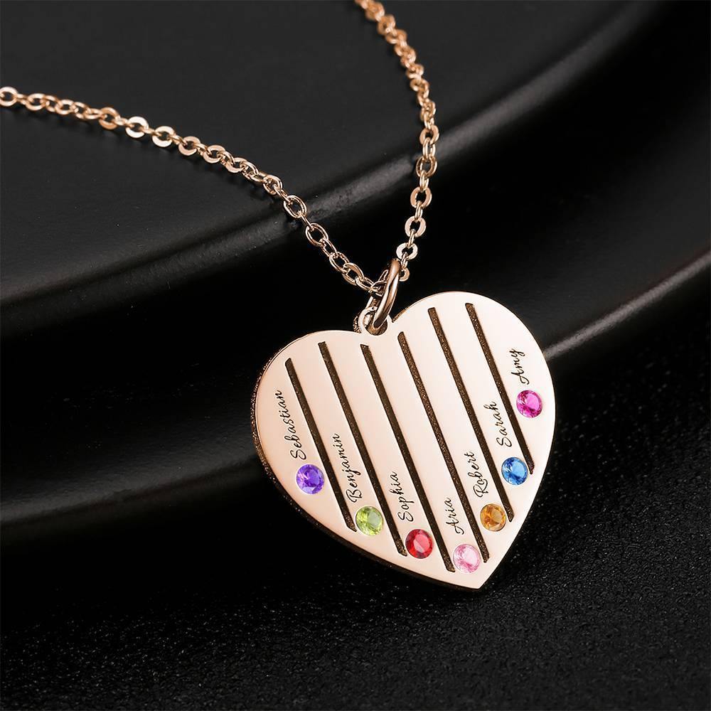 Engraved Heart Necklace Family Birthstone Necklace Rose Gold Plated - soufeelus