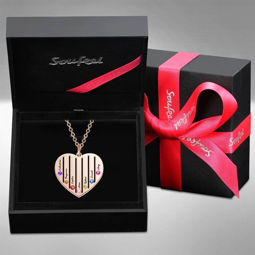 Engraved Heart Necklace Family Birthstone Necklace Rose Gold Plated - soufeelus