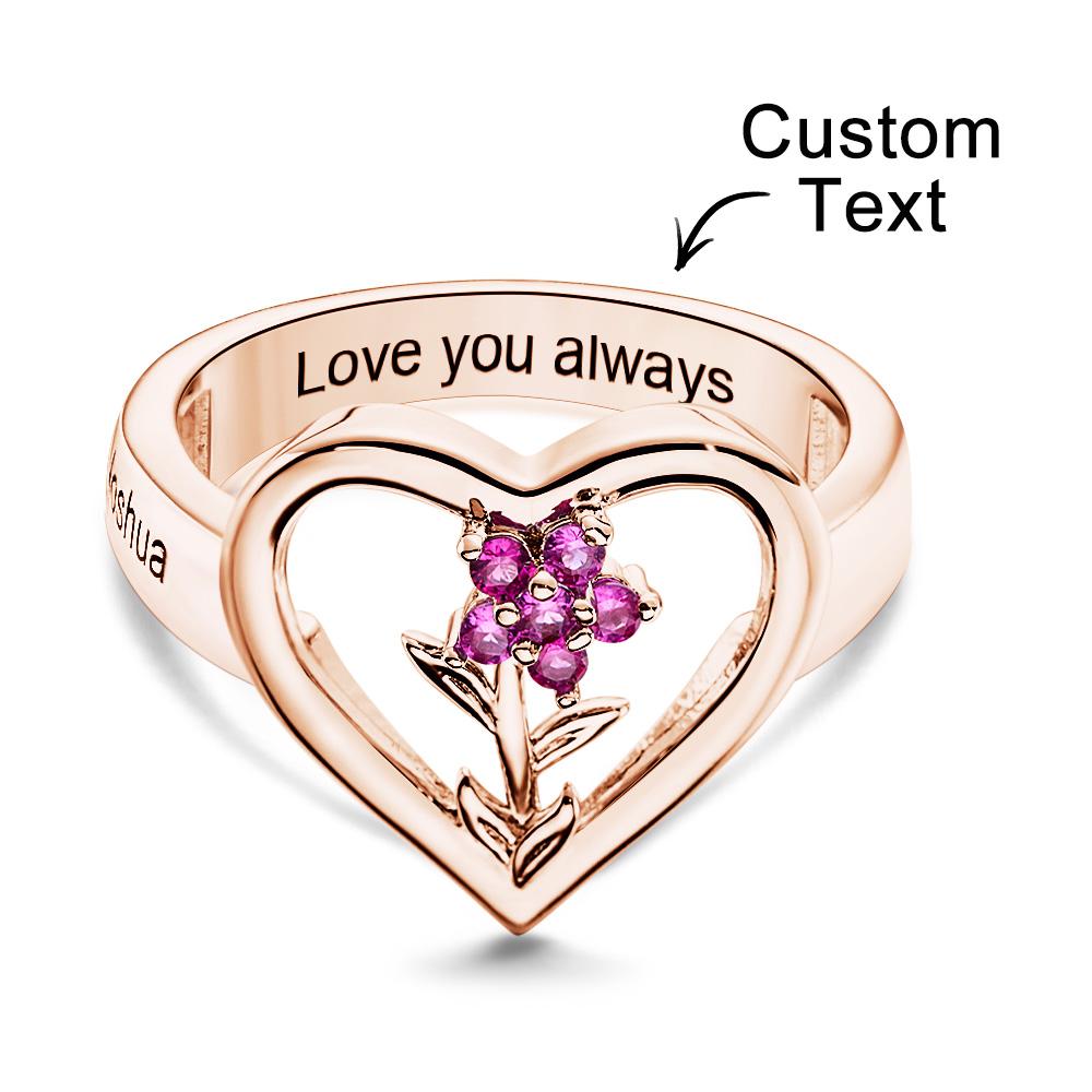 Custom Birthstone Engraved Rings Creative Flowers Rose Gold Gifts - soufeelus