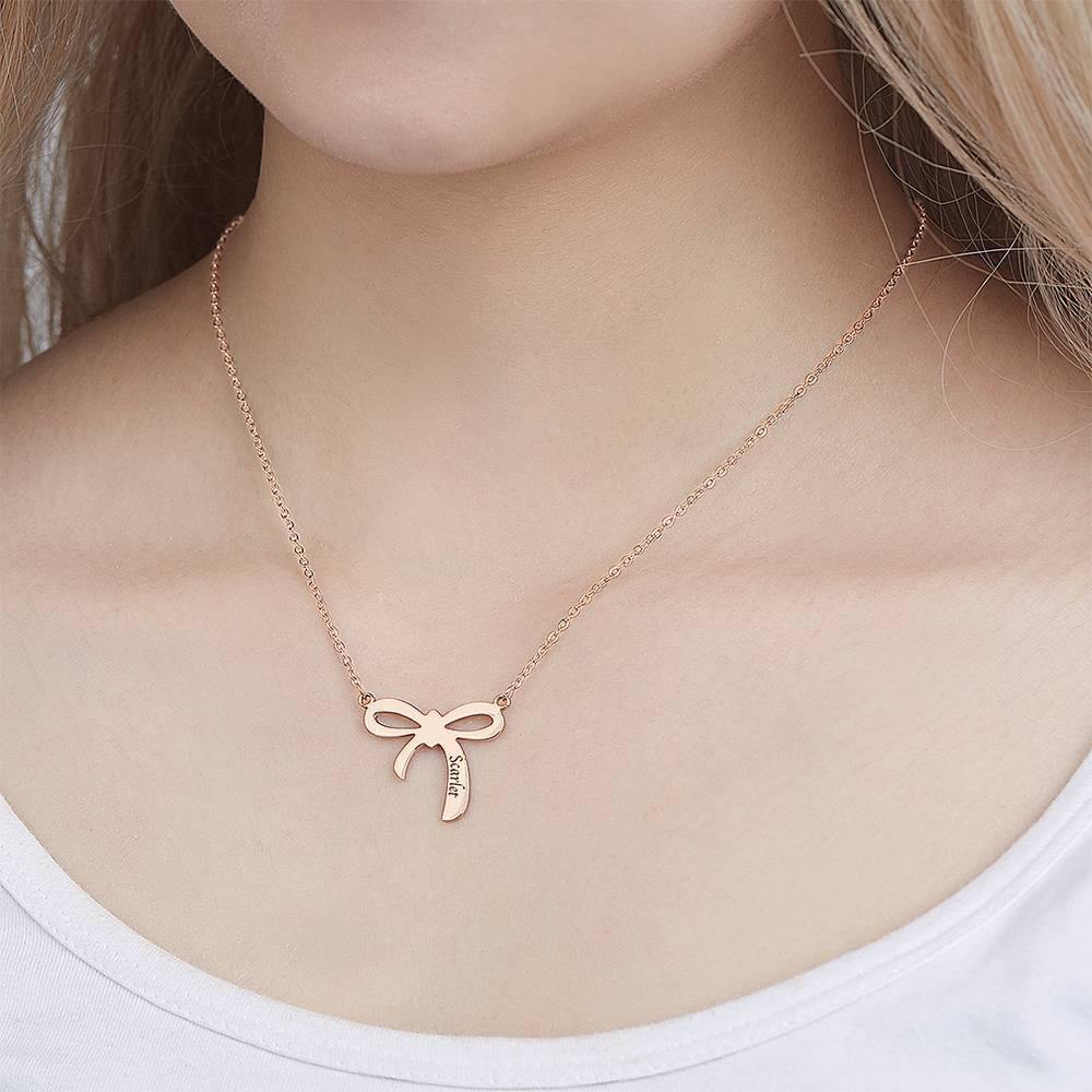 Engraved Necklace with Bow Design Rose Gold Plated - soufeelus