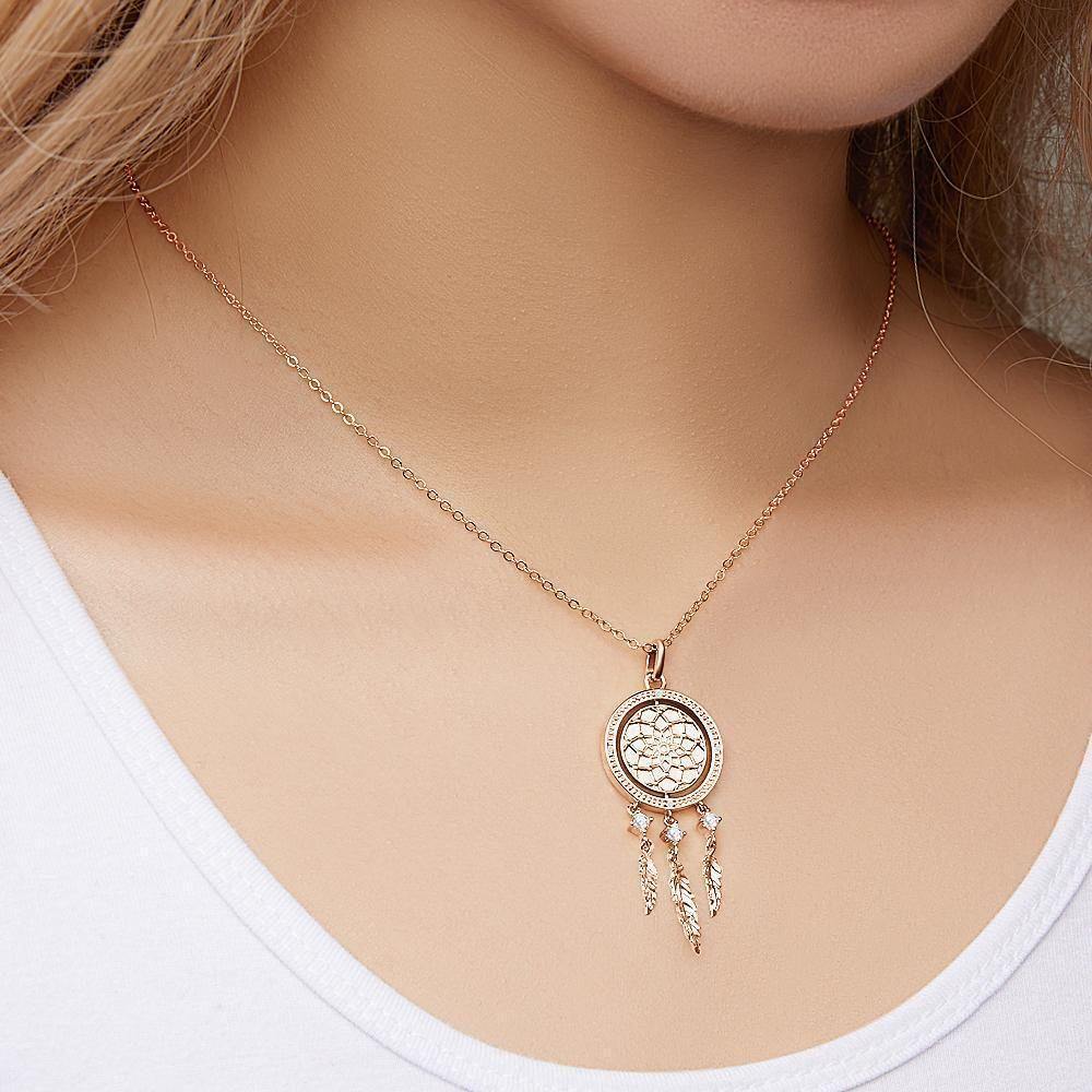 Engraved Necklace Dream Catcher Necklace Wishing Dream Gift for Her Rose Gold Plated - soufeelus
