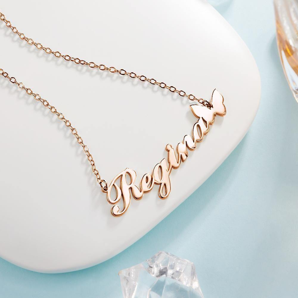 Name Necklace with Butterfly Pendant Unique Gifts Rose Gold Plated Silver - soufeelus