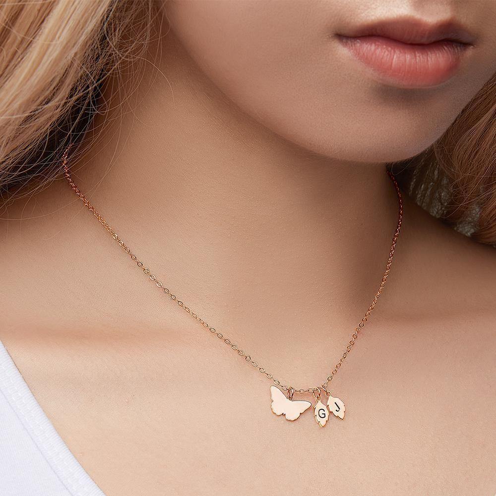 Engraved Necklace with Butterfly and Leaves Necklace Gift for Her Rose Gold Plated Silver - soufeelus