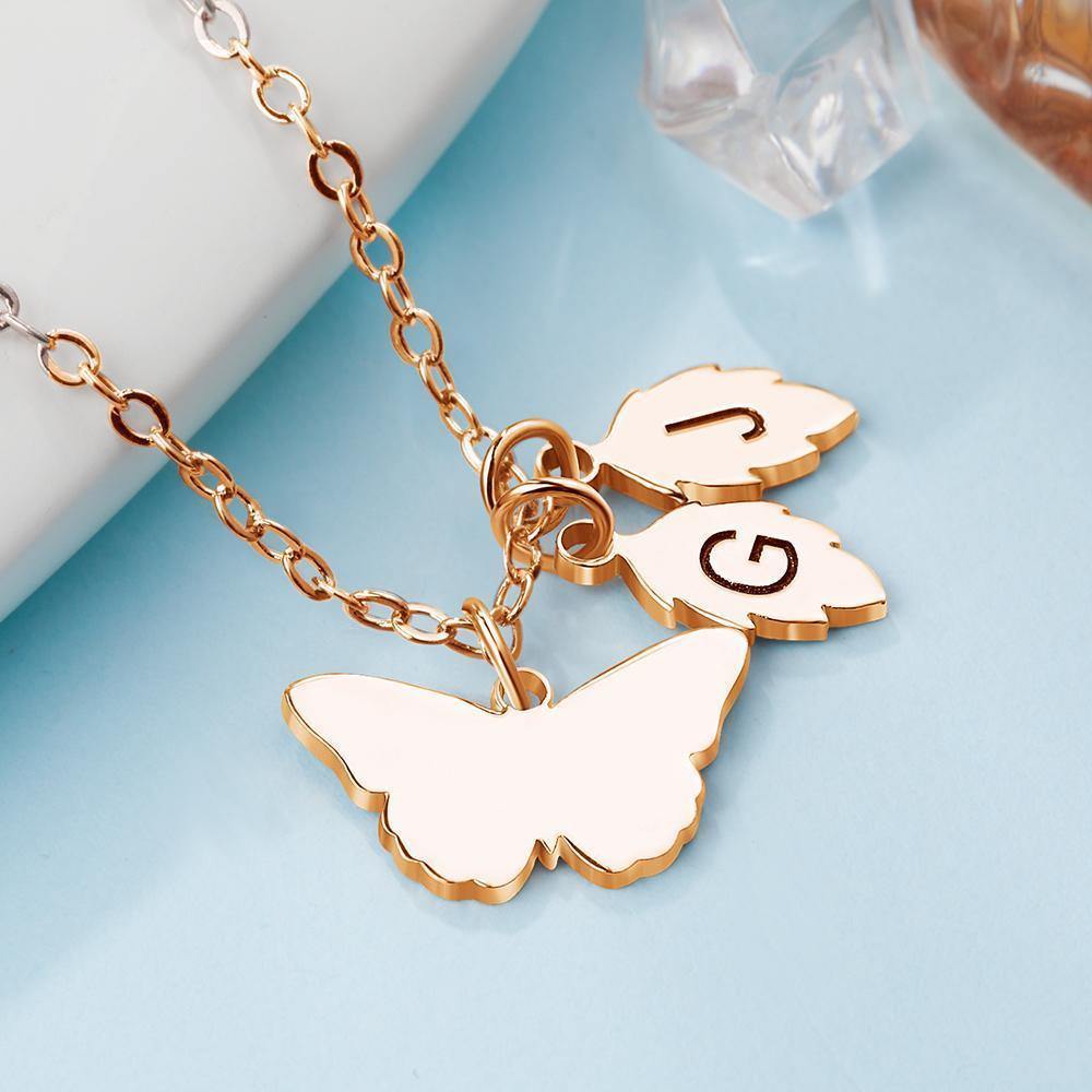 Engraved Necklace with Butterfly and Leaves Necklace Gift for Her Rose Gold Plated - soufeelus