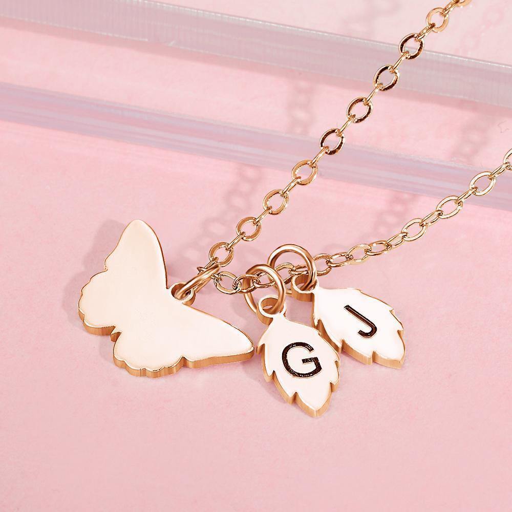 Engraved Necklace with Butterfly and Leaves Necklace Gift for Her Rose Gold Plated - soufeelus