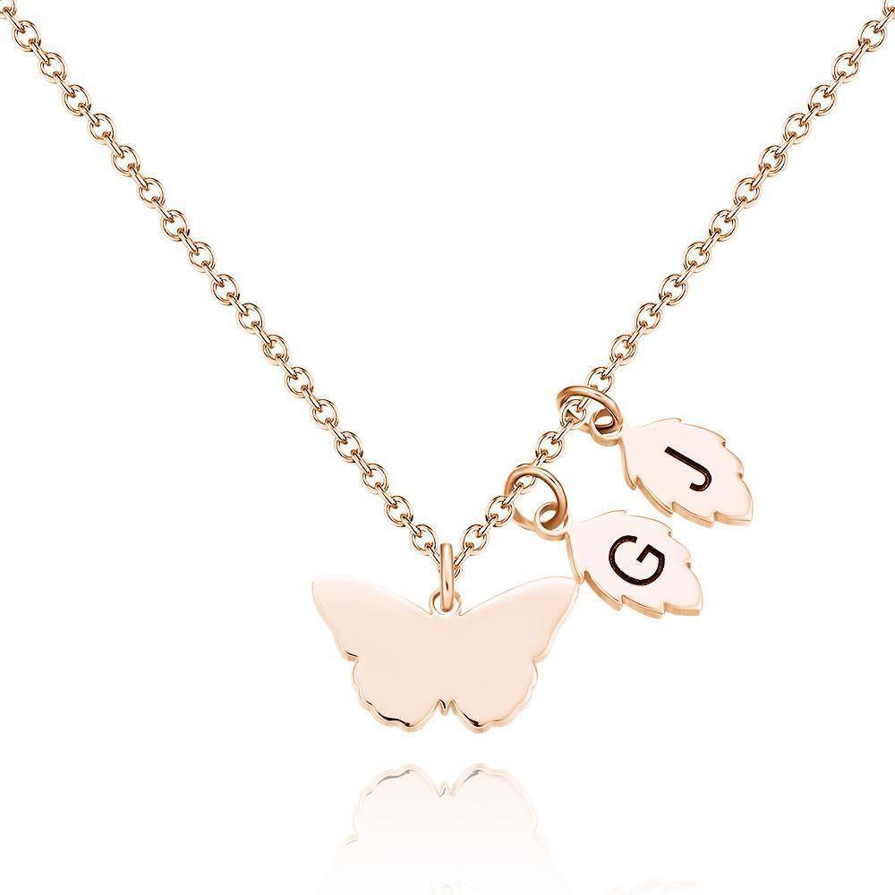 Engraved Necklace with Butterfly and Leaves Necklace Gift for Her Rose Gold Plated - soufeelus