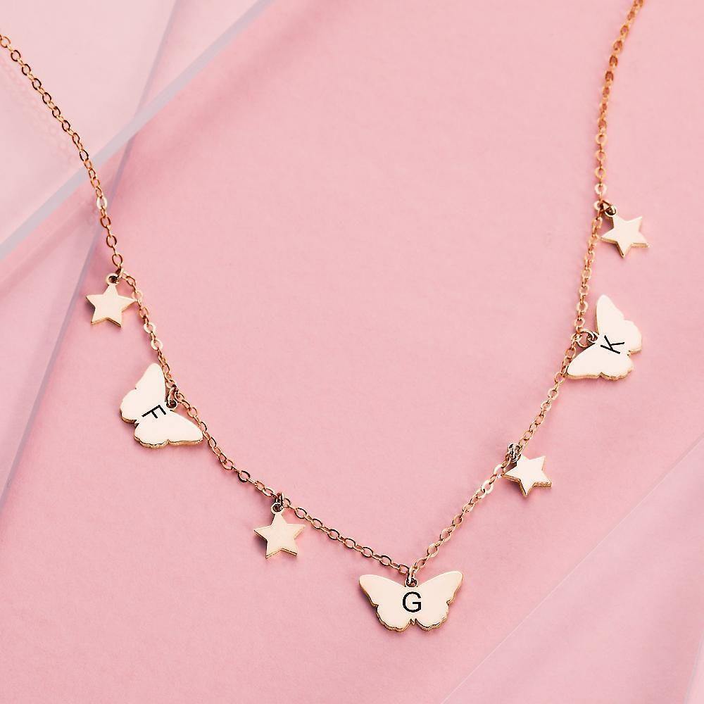 Butterfly Initial Necklace Individual Engraved Necklace Friendship Necklace,Bridesmaid Gift Rose Gold Plated Silver - soufeelus