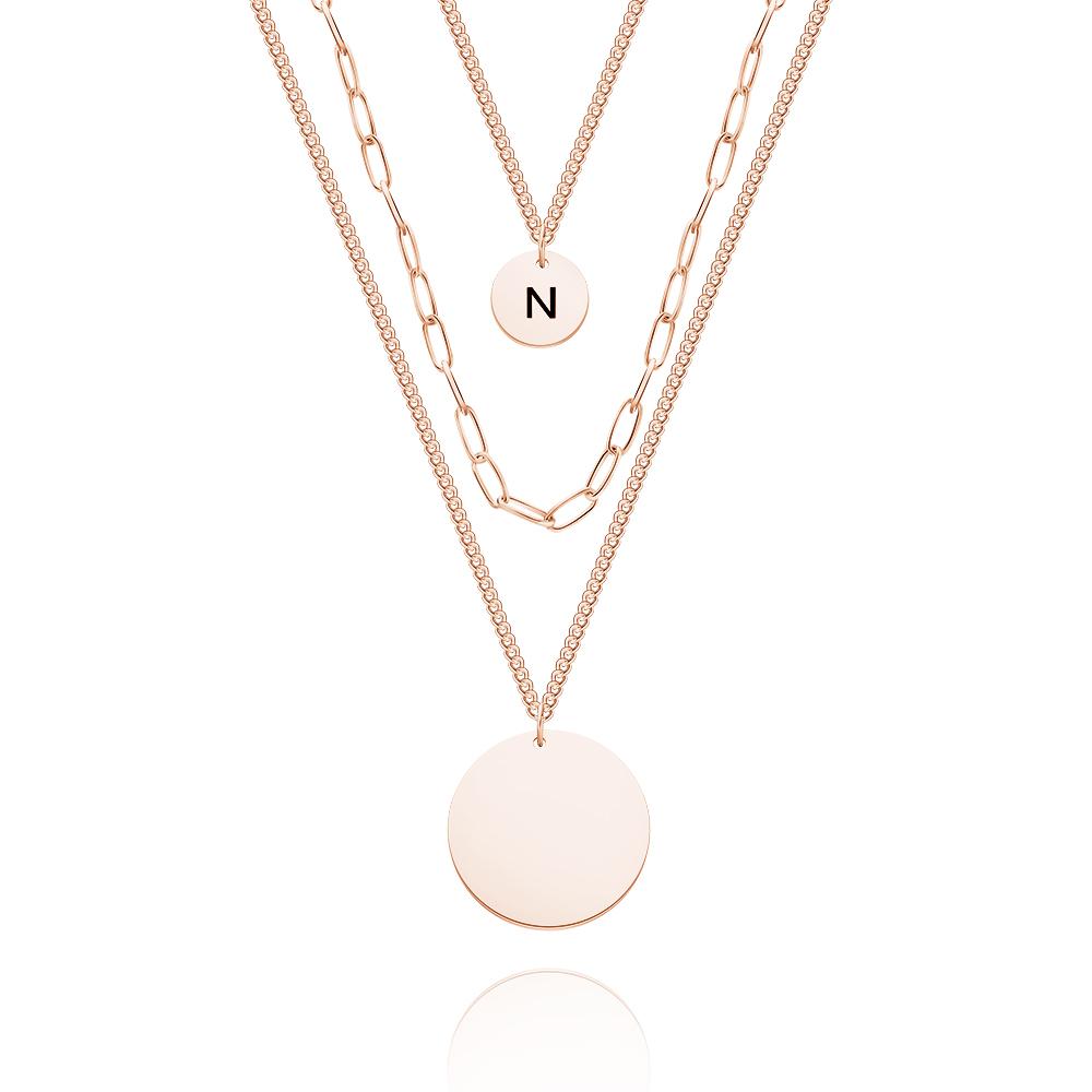 Custom Engraved Disc Necklace Triple Strand Chain Link Coin Necklace Layered Necklace