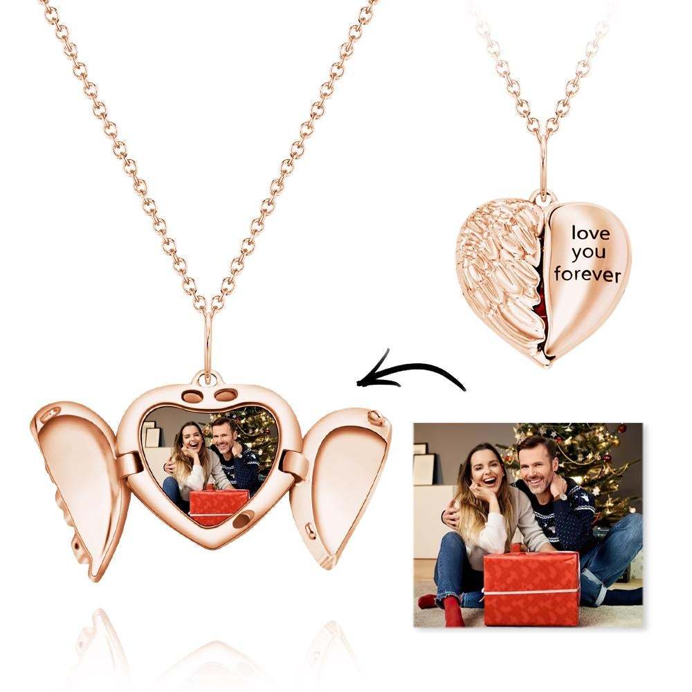 Custom Engraved Photo Necklace Heart-shaped Flip Angel Wings Gifts for Couples - 