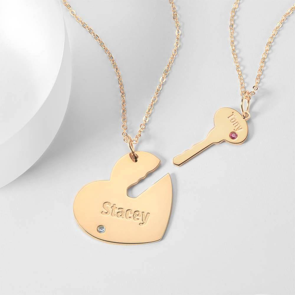 Custom Birthstone Engraved Couple Necklace with Heart and Key, Name Necklace Rose Gold Plated - soufeelus