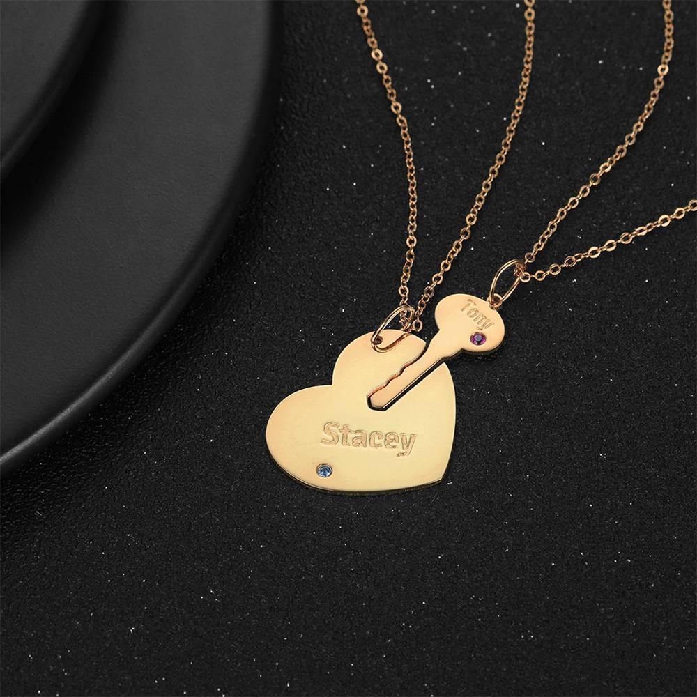 Custom Birthstone Engraved Couple Necklace with Heart and Key, Name Necklace Rose Gold Plated - soufeelus