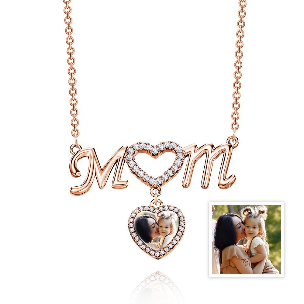 MOM Photo Necklace Personalized Diamond Heart Splice Memory Picture Pendant Gifts For Her - soufeelus