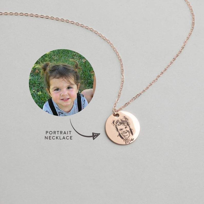 Photo Portrait Necklace with Engraving Round Shape, Custom Portrait Jewelry Rose Gold Plated