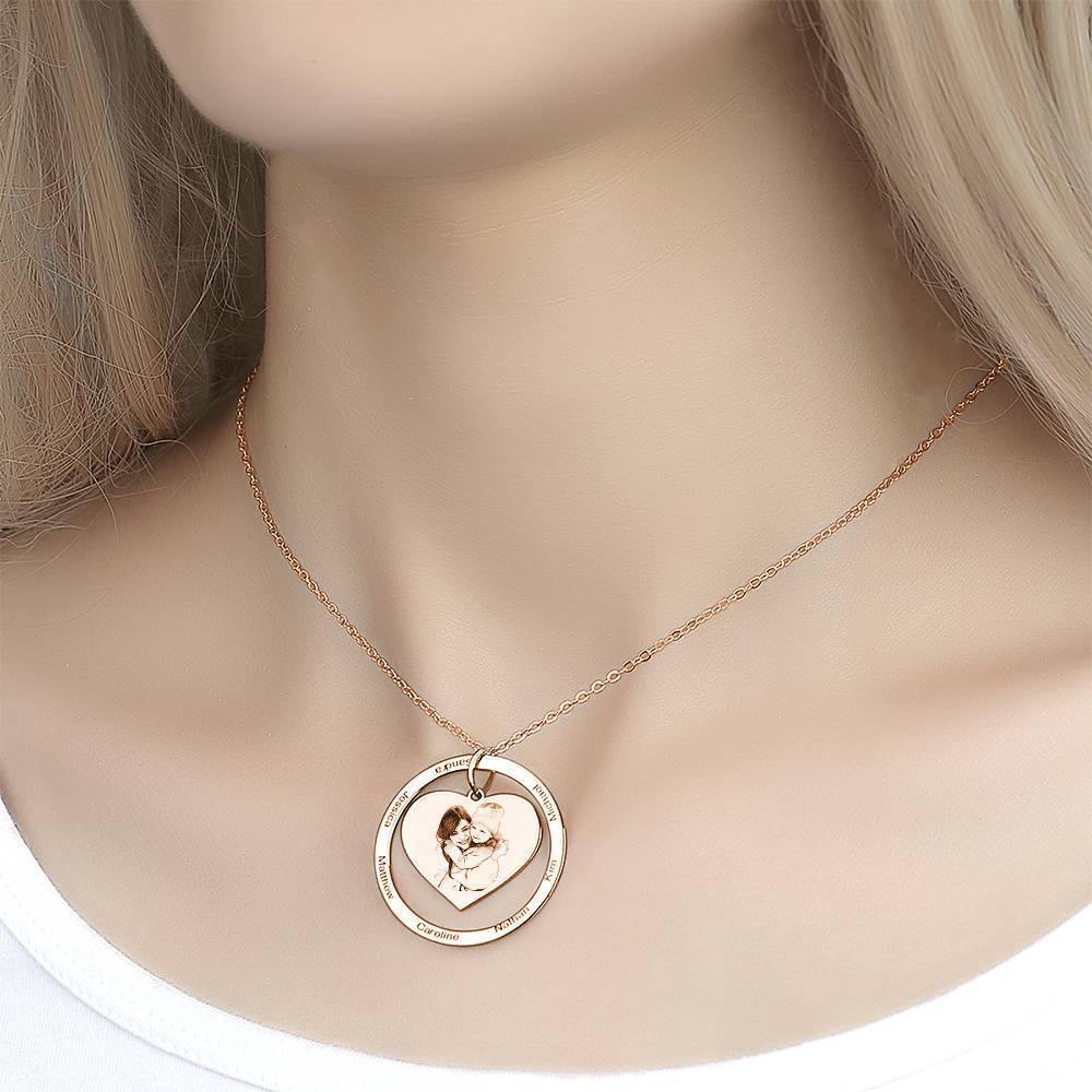 Photo Engraved Necklace Heart In Round Pendant, Family Necklace Rose Gold Plated - Rose Gold - soufeelus