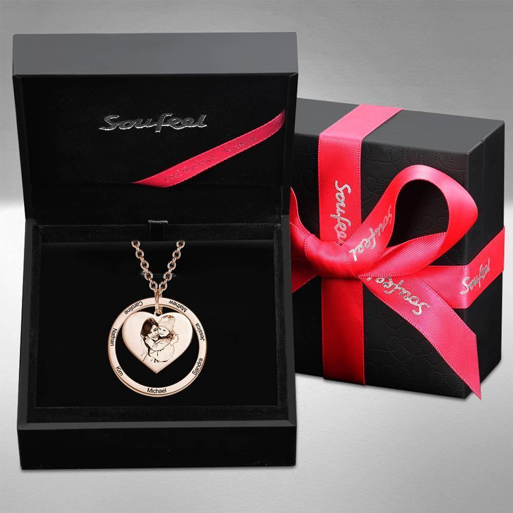 Photo Engraved Necklace Heart In Round Pendant, Family Necklace Rose Gold Plated - Rose Gold - soufeelus