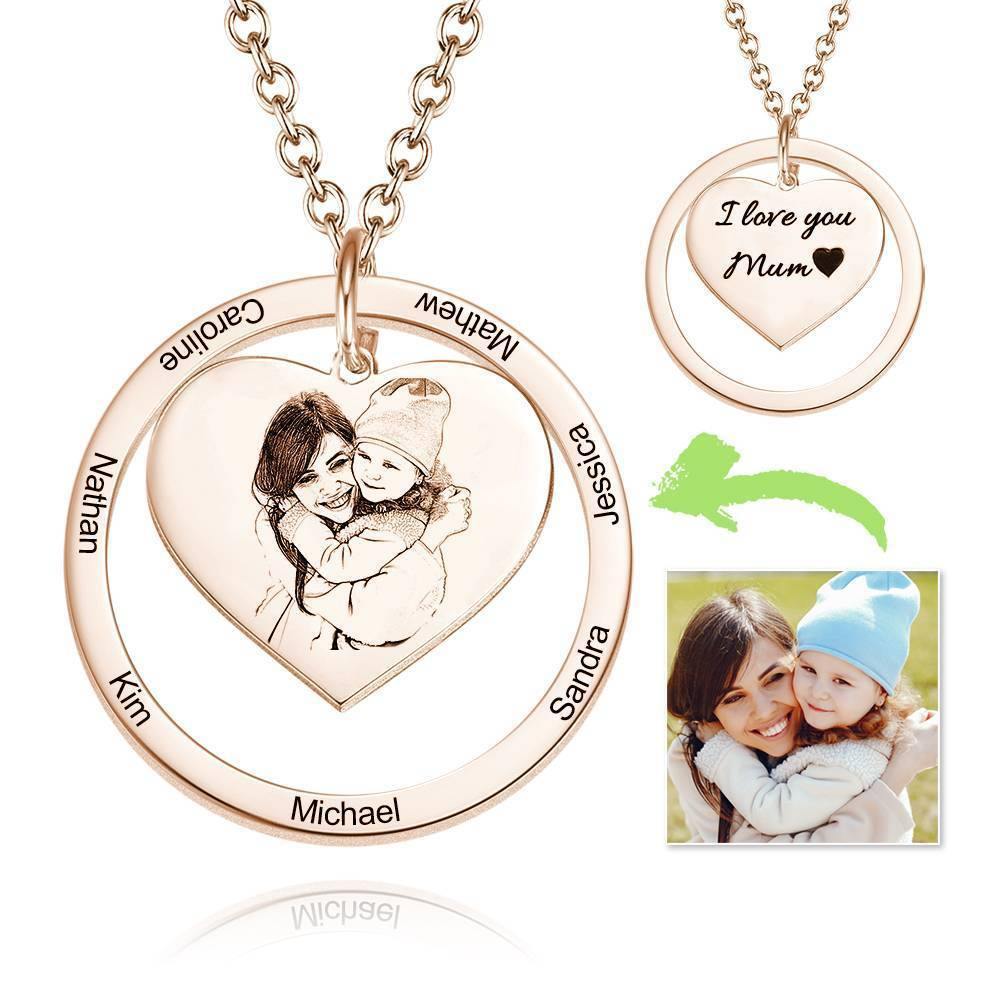 Photo Engraved Necklace Heart In Round Pendant, Family Necklace Rose Gold Plated - Rose Gold - soufeelus