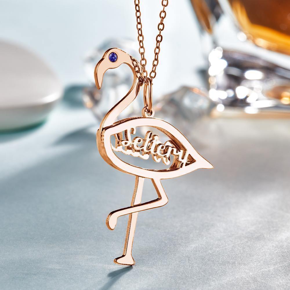 Custom Name Birthstone Necklace Flamingo Pendant Birthday Gifts Rose Gold Plated Silver - soufeelus