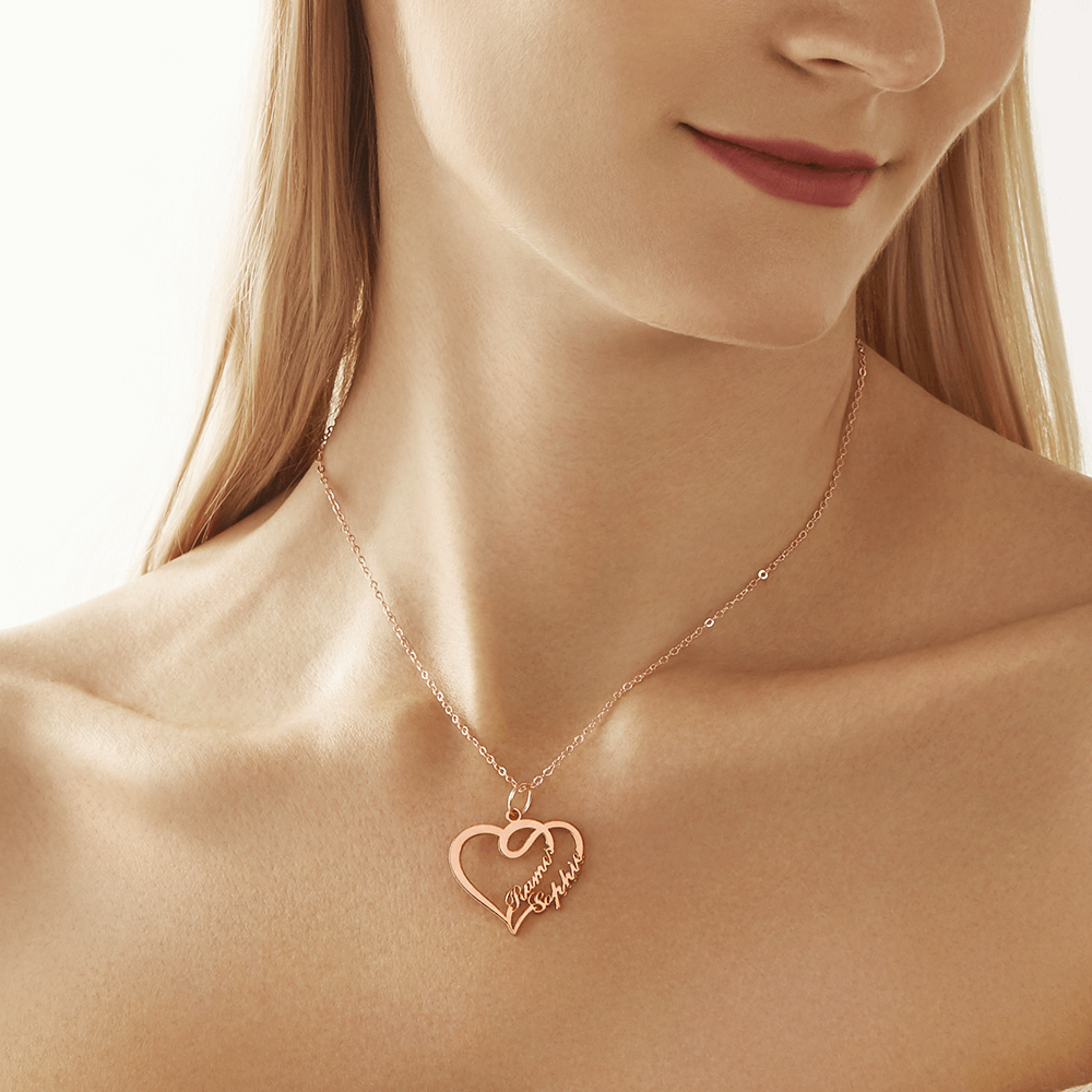 Overlapping Heart Two Name Necklace Rose Gold Plated