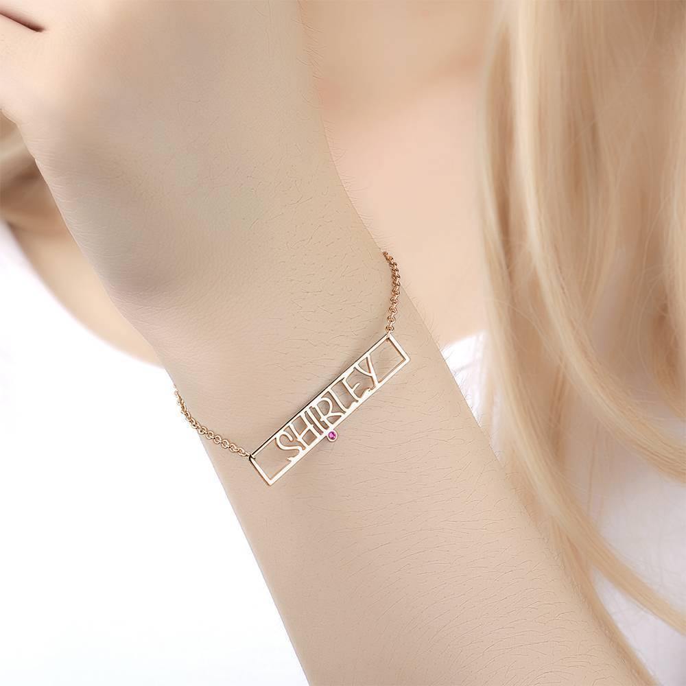 Hollow Carved Bar Name Bracelet with Custom Birthstone Rose Gold Plated - soufeelus