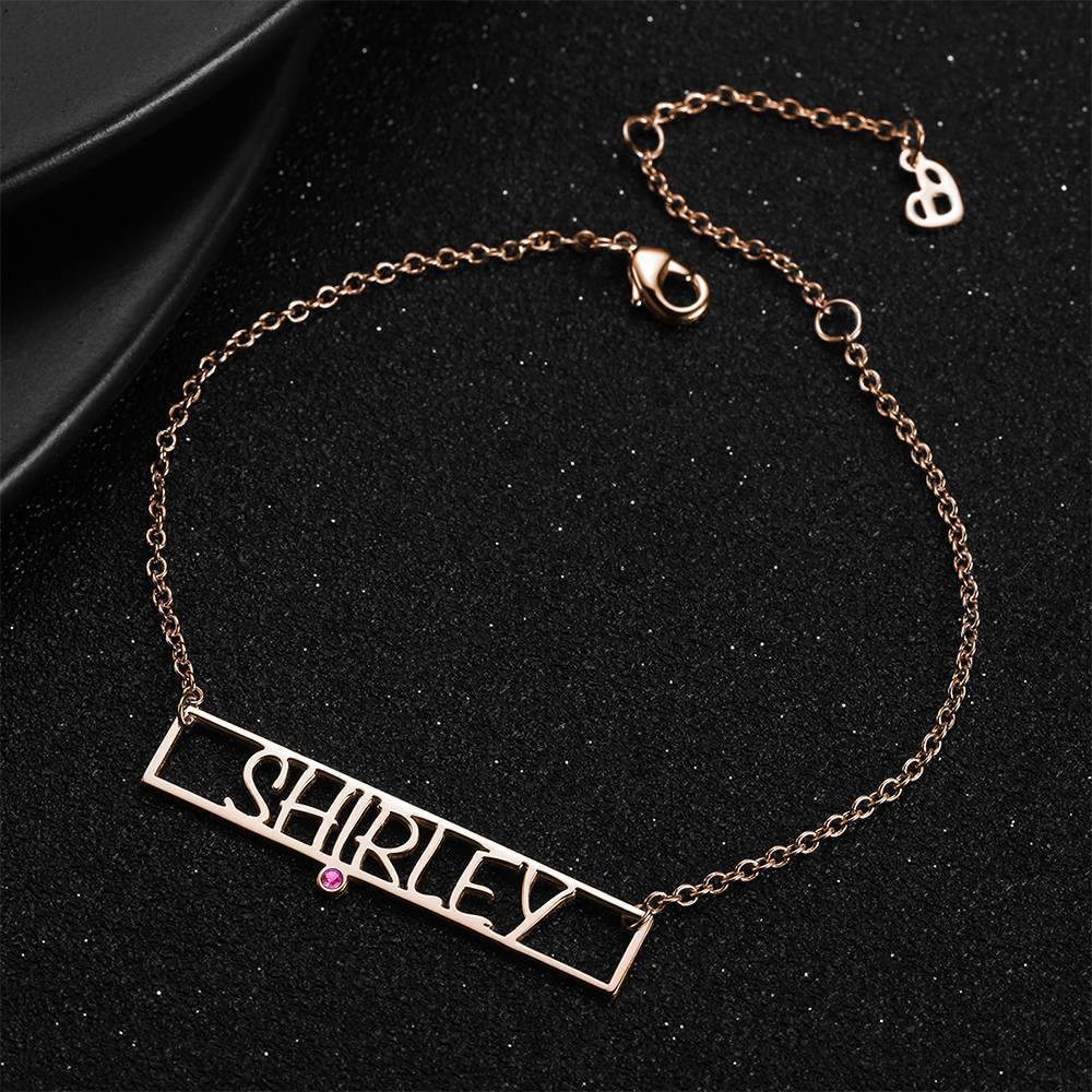 Hollow Carved Bar Name Bracelet with Custom Birthstone Rose Gold Plated - soufeelus