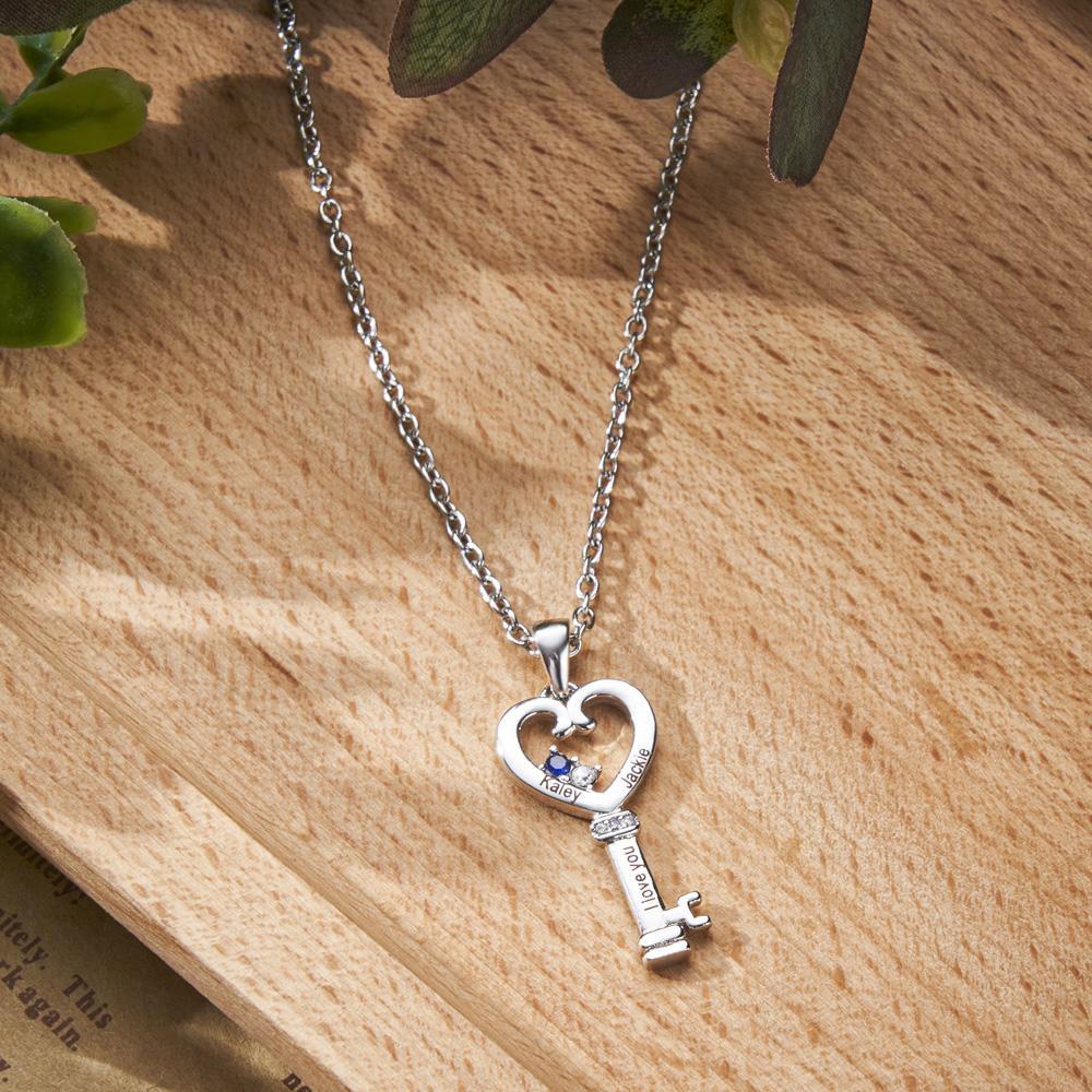 Personalized Key Diamonds Necklace With Text Love Heart Pendant Gift For Her - soufeelus
