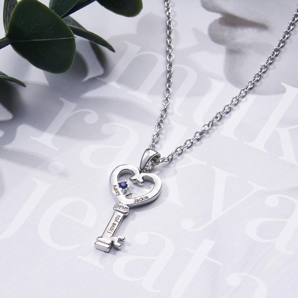 Personalized Key Diamonds Necklace With Text Love Heart Pendant Gift For Her - soufeelus