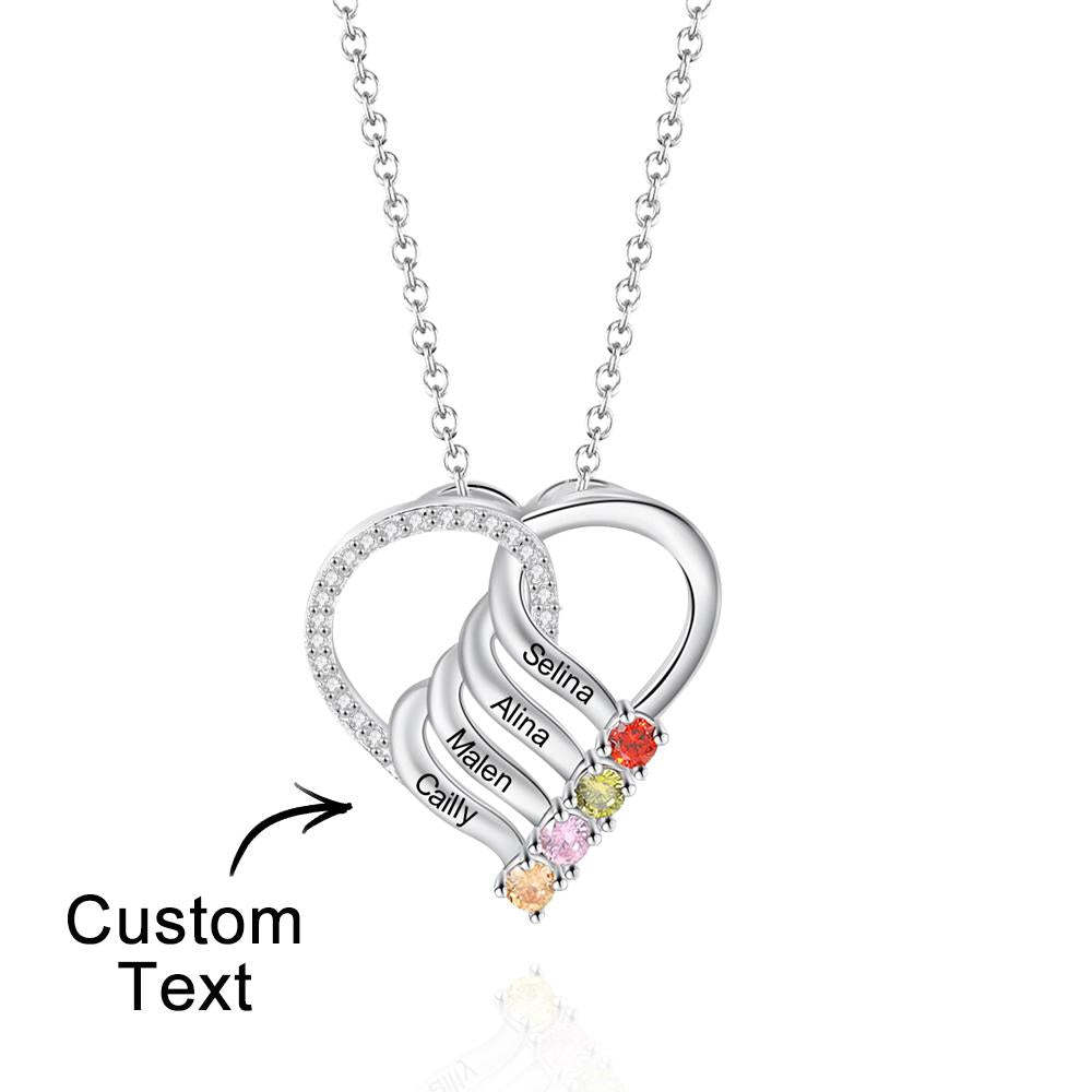 Engraved Name 2-5 Birthstones Heart Necklace Personalized Family Heart Pendant Mother Necklace Gift - soufeelus