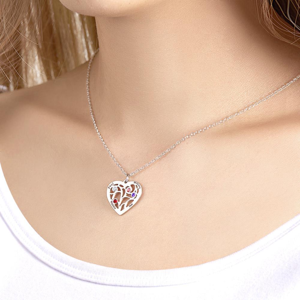 Engraved 1-5 Names Birthstone Family Tree Personalized Heart Shaped Pendant Christmas Day Gifts - soufeelus