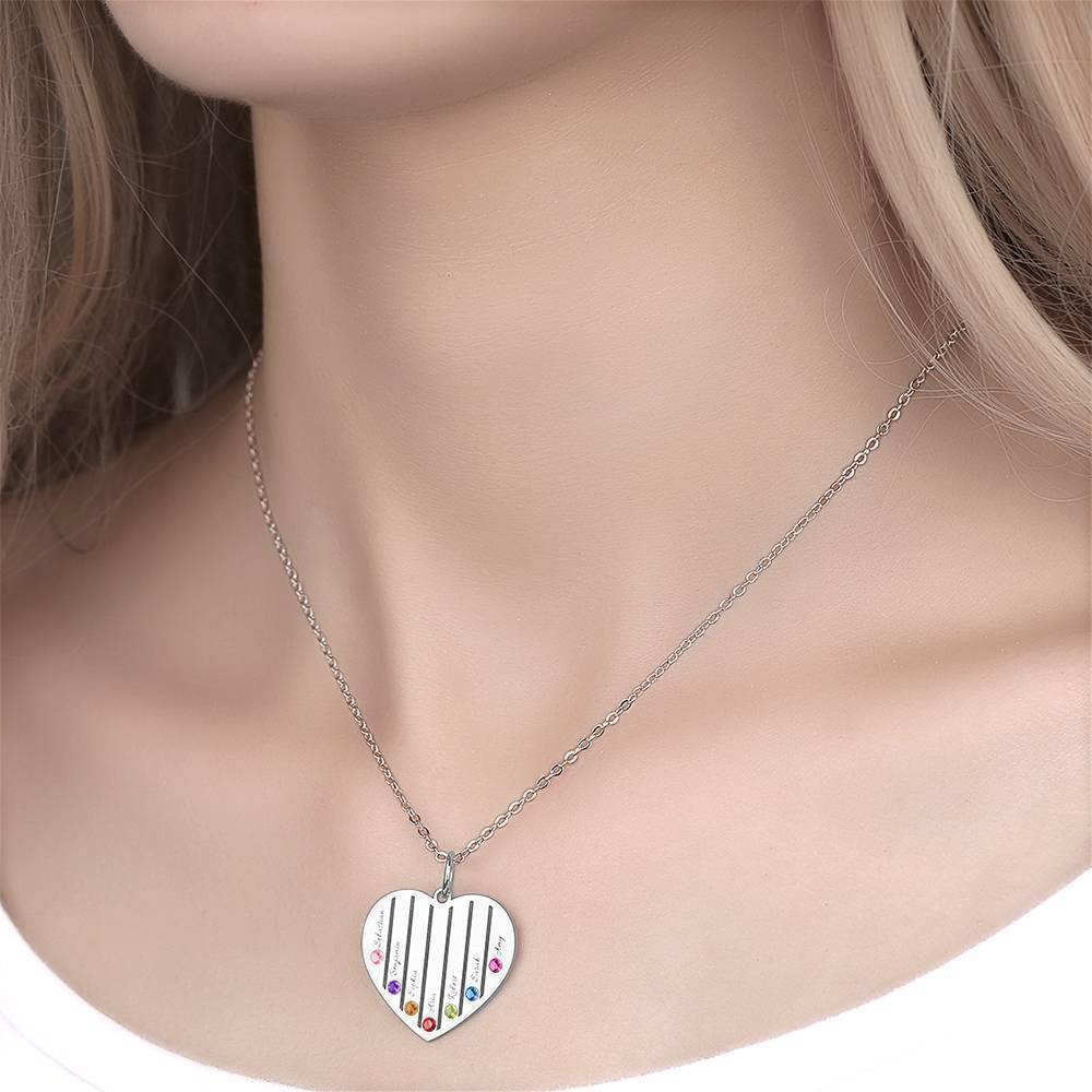 Engraved Heart Necklace Family Birthstone Necklace Platinum Plated - Silver - soufeelus