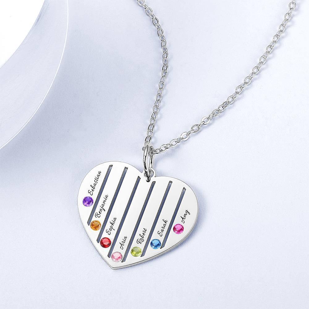 Engraved Heart Necklace Family Birthstone Necklace Platinum Plated - Silver - soufeelus