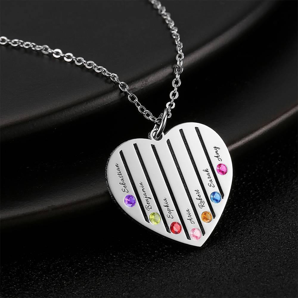 Engraved Heart Necklace Family Birthstone Necklace Platinum Plated - Silver - soufeelus