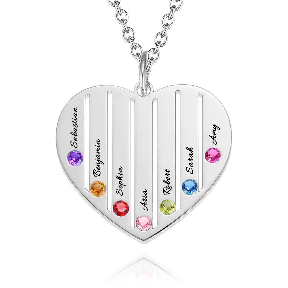 Engraved Heart Necklace Family Birthstone Necklace Platinum Plated - Silver - soufeelus