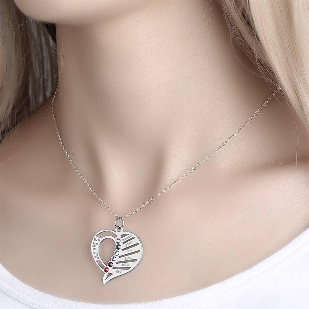 Engraved Heart Necklace with Custom Birthstone, Present for Mom  - Silver - soufeelus
