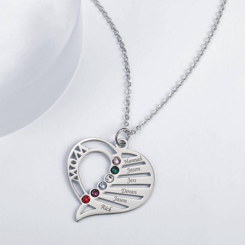 Engraved Heart Necklace with Custom Birthstone, Present for Mom  - Silver - soufeelus