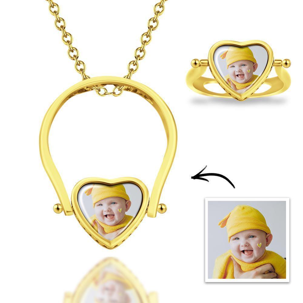 Photo Necklace, Photo Ring Couple's Gifts Dual-use (Ring Size 8#) 14k Gold Plated Silver - soufeelus