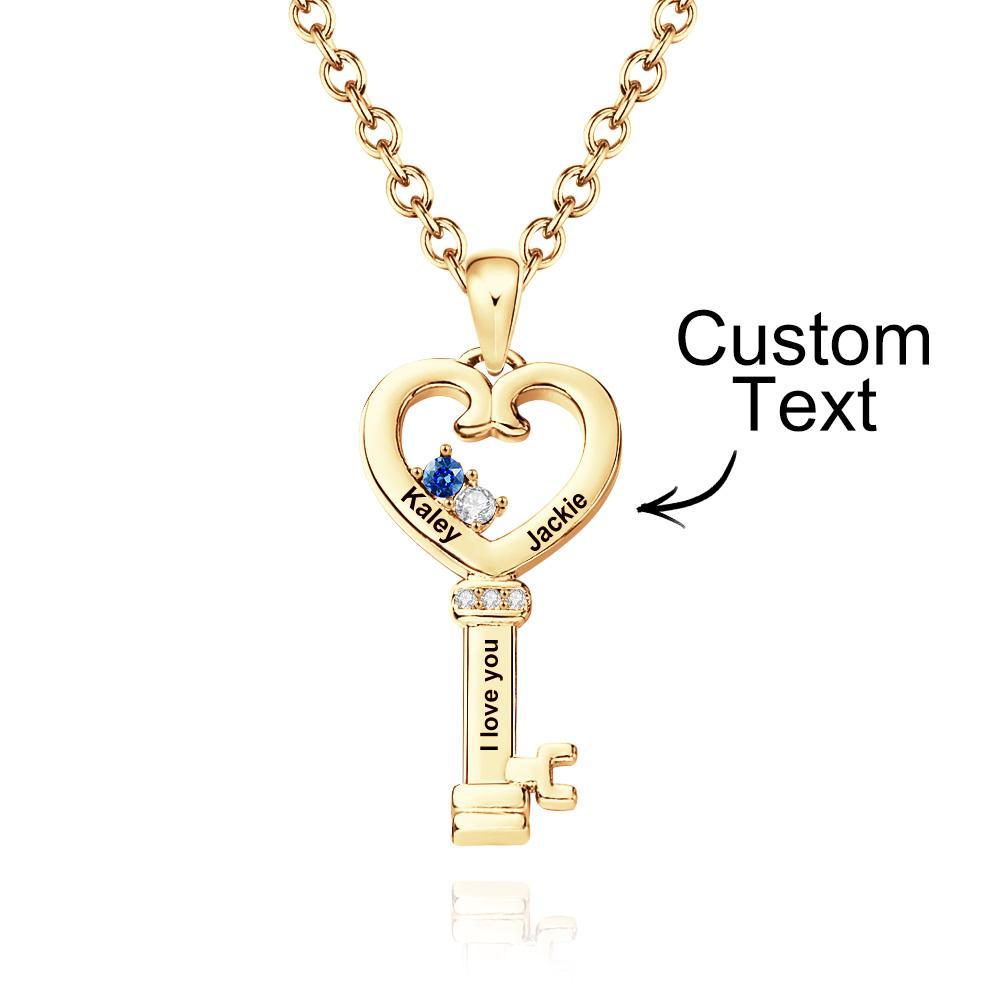 Personalized Key Diamonds Necklace With Text Love Heart Pendant Gift For Her - soufeelus